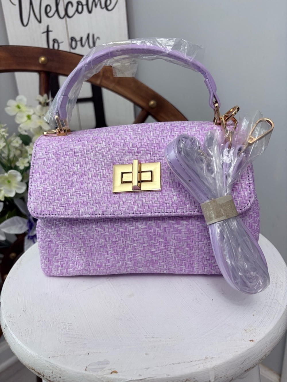 Bam Forever Lavender Woven Top-Handle/Crossbody Bag with Gold Turn-Lock 💜